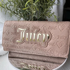 Juicy Couture Upgrade U Flap Wallet Café Logo Faux Leather Gold Hardware NWT